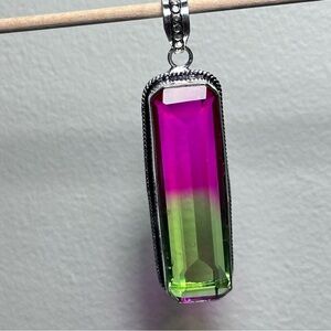 Watermelon Tourmaline Crystal Pendant Silver Tone Bicolor Faceted Gemstone 0433